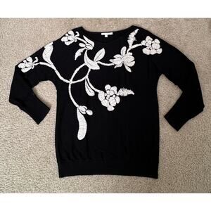 Chico’s Black Sweater Floral Embroidered 3/4 Sleeve Knit Top Womens Size 1